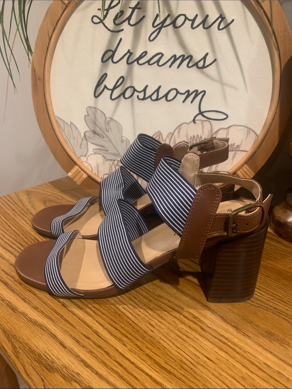 Market & Spruce Nicole Navy Striped and Brown Block Heel Sandals